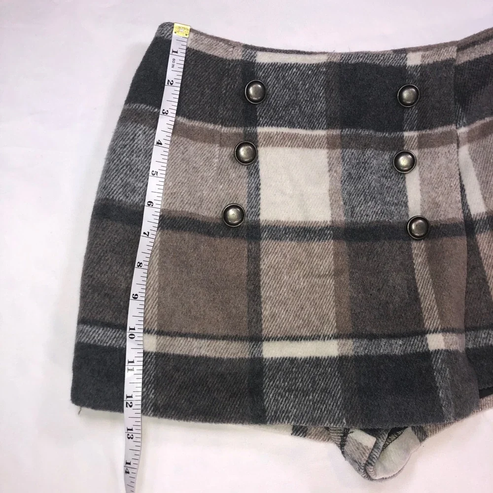 Forever 21 Plaid Wool Blend Skort Grey Brown Button Front Mini Skirt Shorts S - Picture 2 of 10